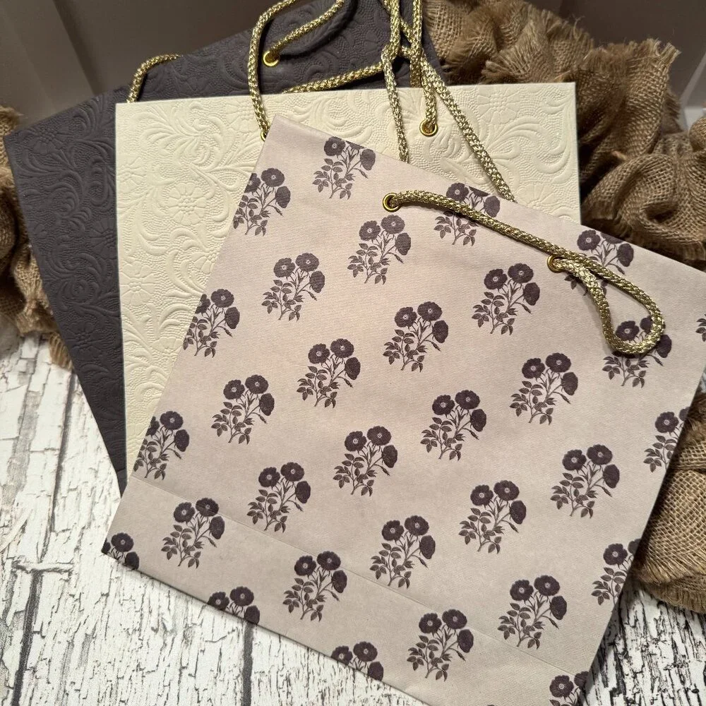 Natural Fiber Large Gift Bags Cream Black Gray Floral Set of 3